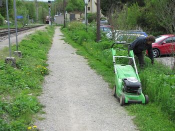 Pflege des Bahnweges zum Hotel durch Steinschaler Gärtnerin