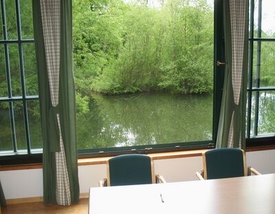 Teichbrücke: Blick aus dem Fenster in die Natur